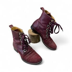 John Fluevog Men's-Style Burgundy Lace-Up Leather Ankle Boots